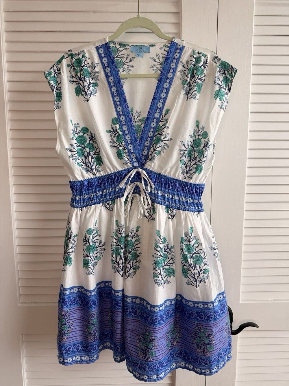 CeCe Cotton Block Print Mini Dress S Blue Green Drawstring Waist Boho